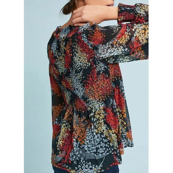 Anthropologie Floral Blouse Womens XS V-Neck Smocked Long Sleeve Relaxed Tunic - Picture 14 of 15